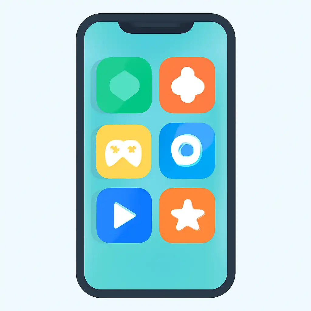 Smartphone shown from the front displaying a colourful flat layout of abstract game icons and rounded tiles, Indibet
