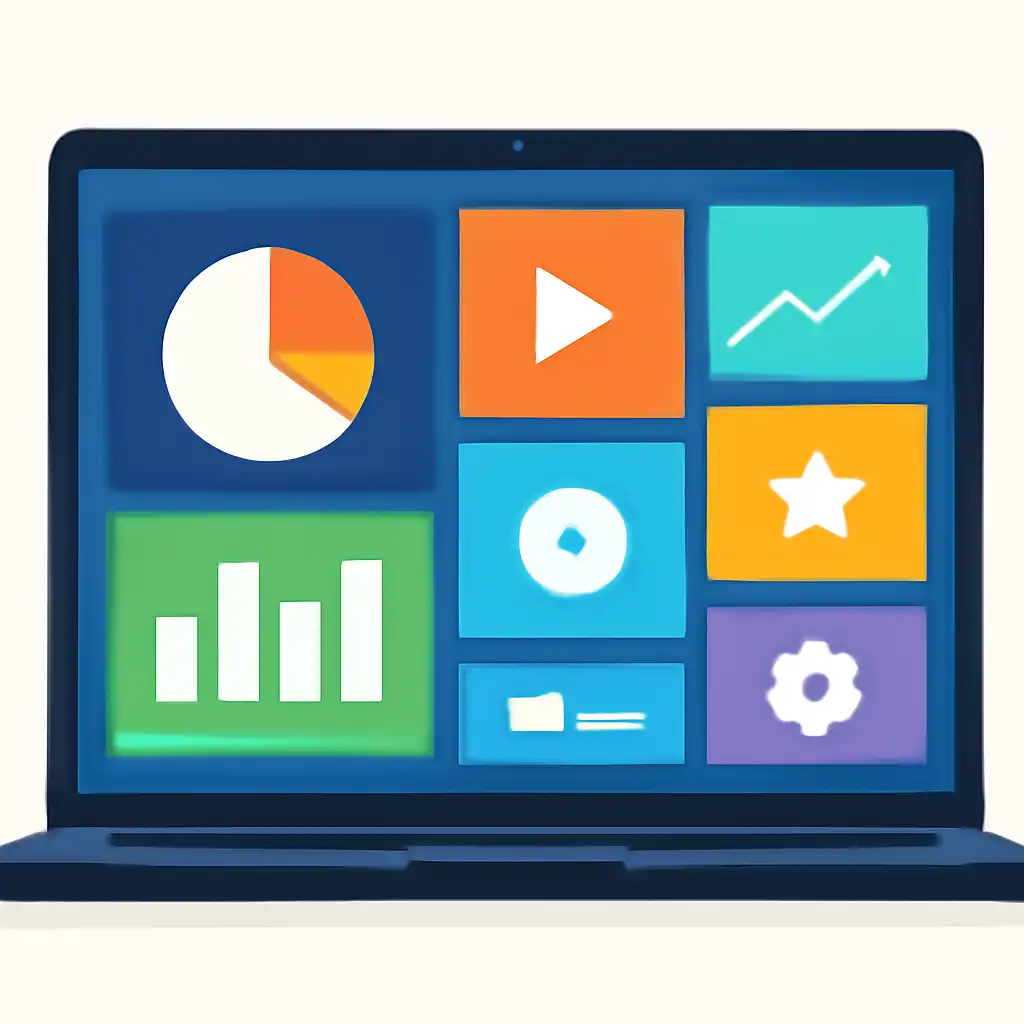 Laptop shown from the front displaying a colourful flat dashboard of abstract charts, bars and icon tiles, Indibet