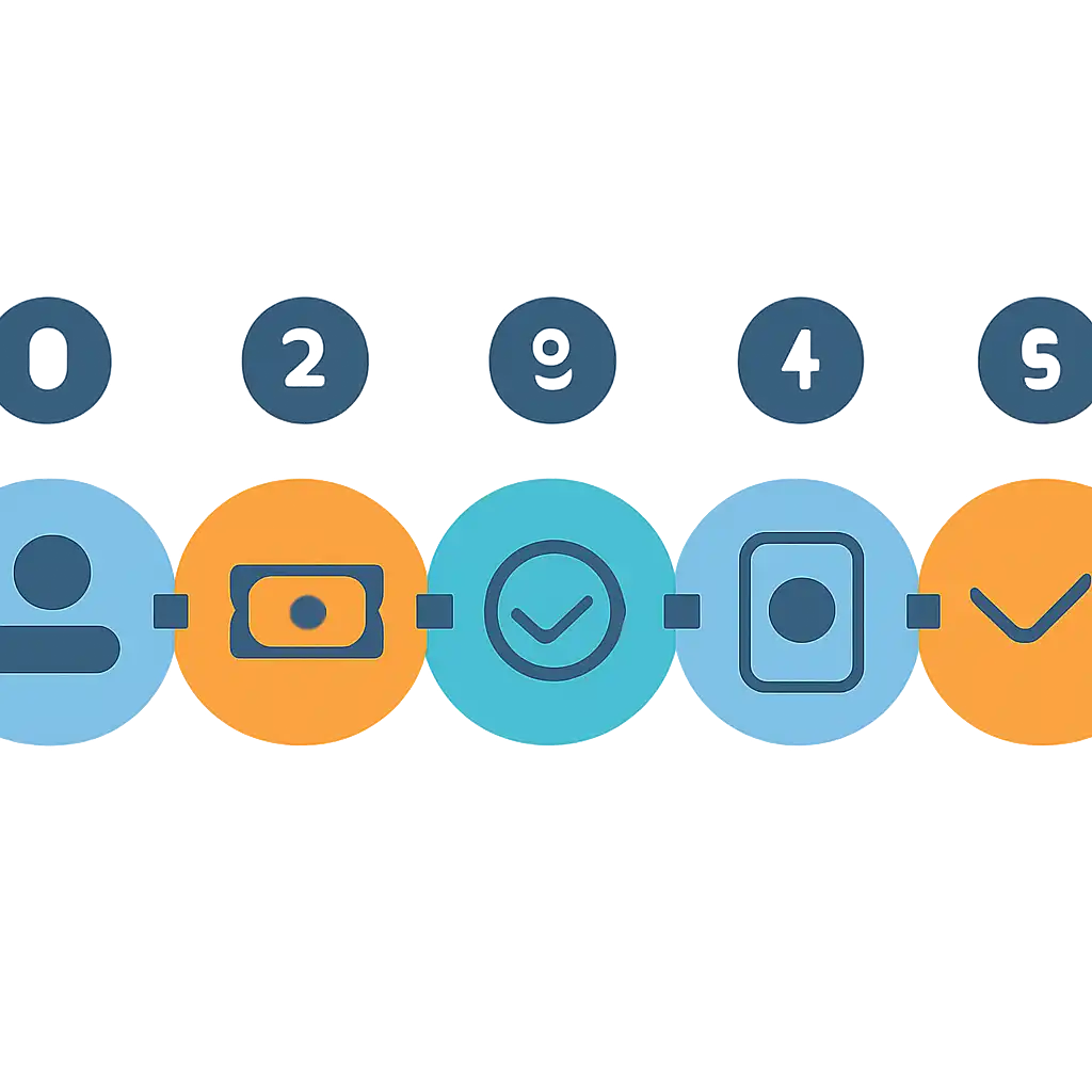 Five numbered circular icons connected by arrows in a horizontal flow, Indibet steps