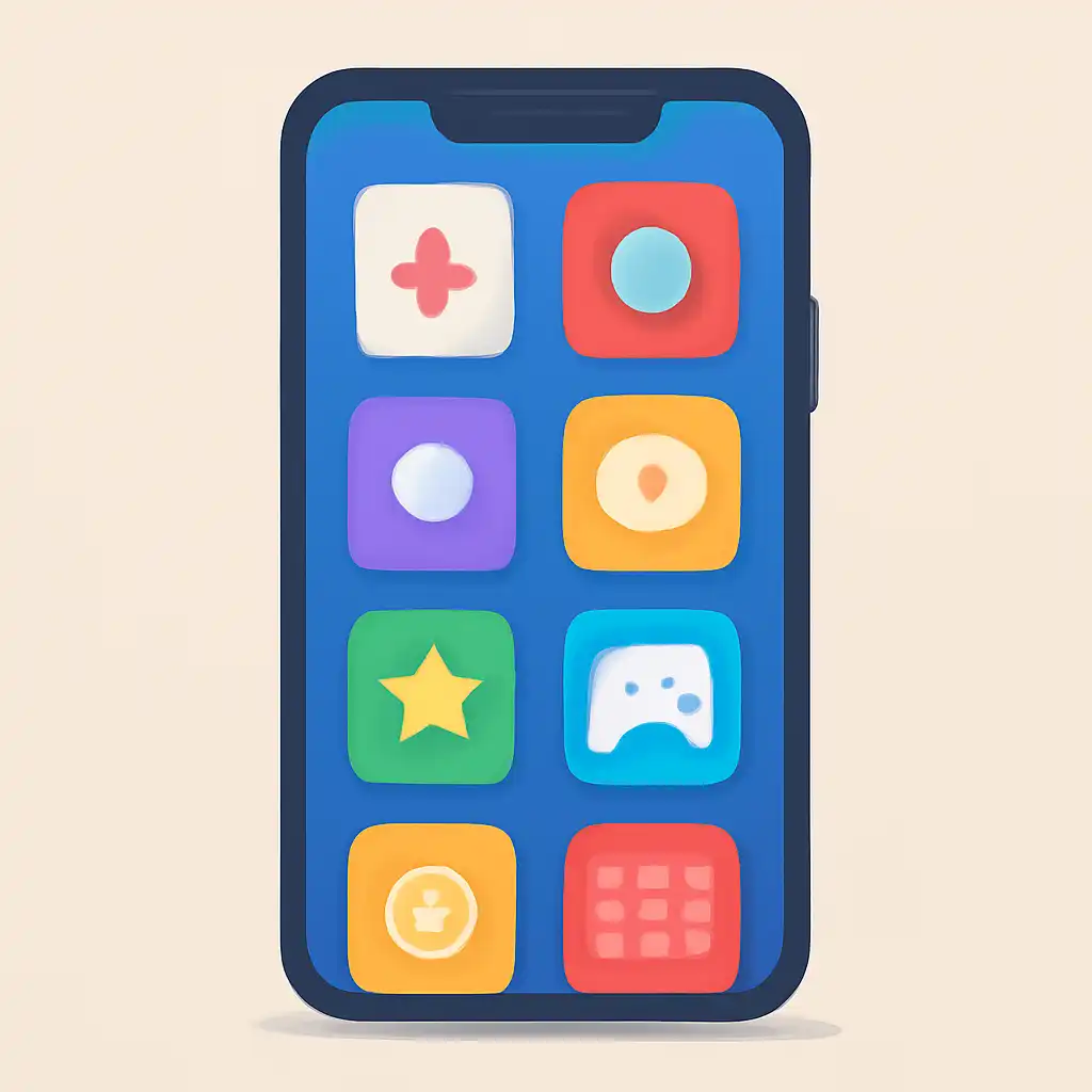 Smartphone shown from the front displaying a colourful flat layout of abstract game icons and rounded tiles, Indibet Login