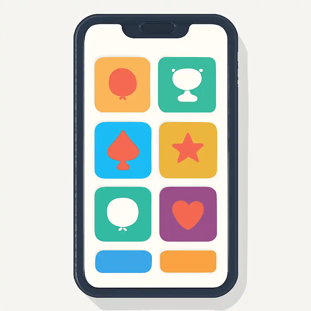 Smartphone shown from the front displaying a colourful flat layout of abstract game icons and rounded tiles, Withdrawals