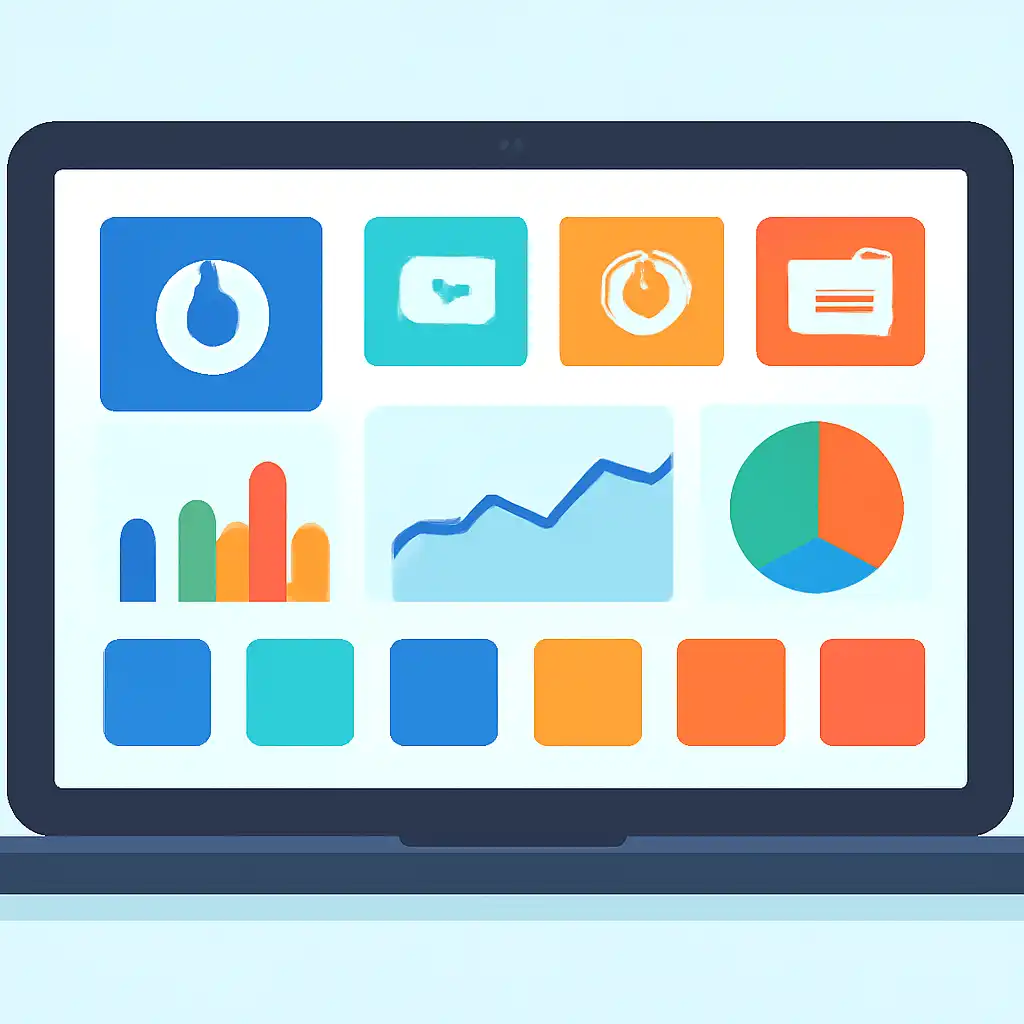 Laptop shown from the front displaying a colourful flat dashboard of abstract charts, bars and icon tiles, Withdrawals