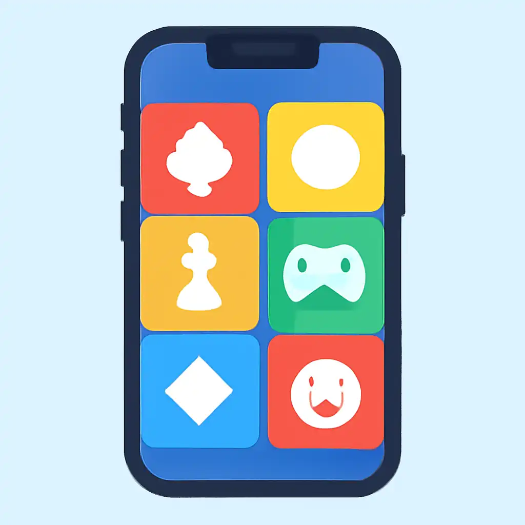 Smartphone shown from the front displaying a colourful flat layout of abstract game icons and rounded tiles, Indibet App