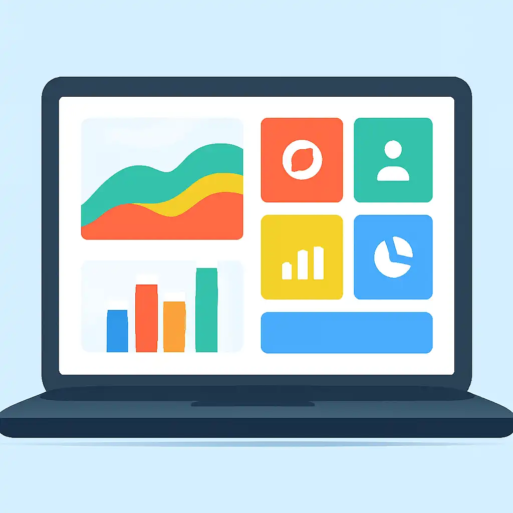 Laptop shown from the front displaying a colourful flat dashboard of abstract charts, bars and icon tiles, Indibet App for