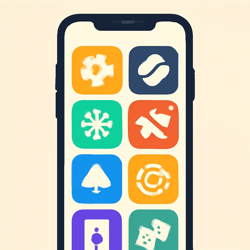 Smartphone shown from the front displaying a colourful flat layout of abstract game icons and rounded tiles, Sportsbook and