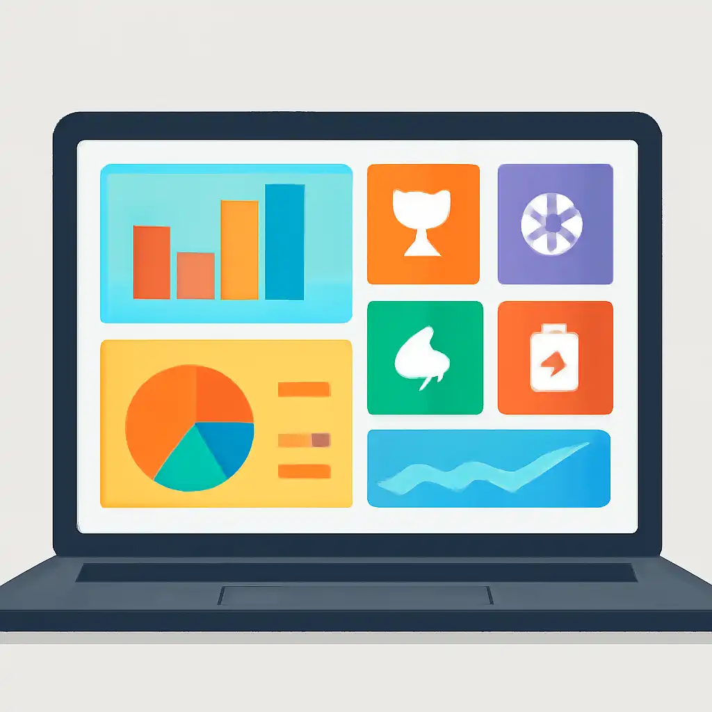Laptop shown from the front displaying a colourful flat dashboard of abstract charts, bars and icon tiles, Sportsbook and