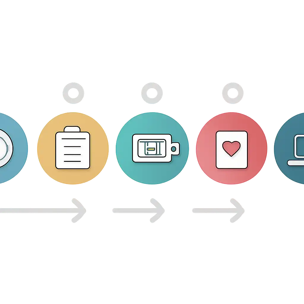 Five numbered circular icons connected by arrows in a horizontal flow, Sportsbook and Casino Sections Explained steps