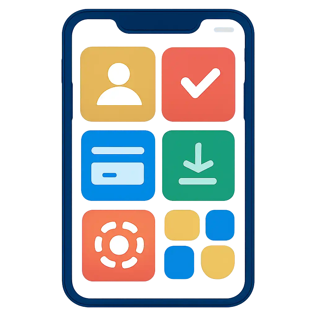 Smartphone shown from the front displaying a colourful flat layout of abstract game icons and rounded tiles, Registration