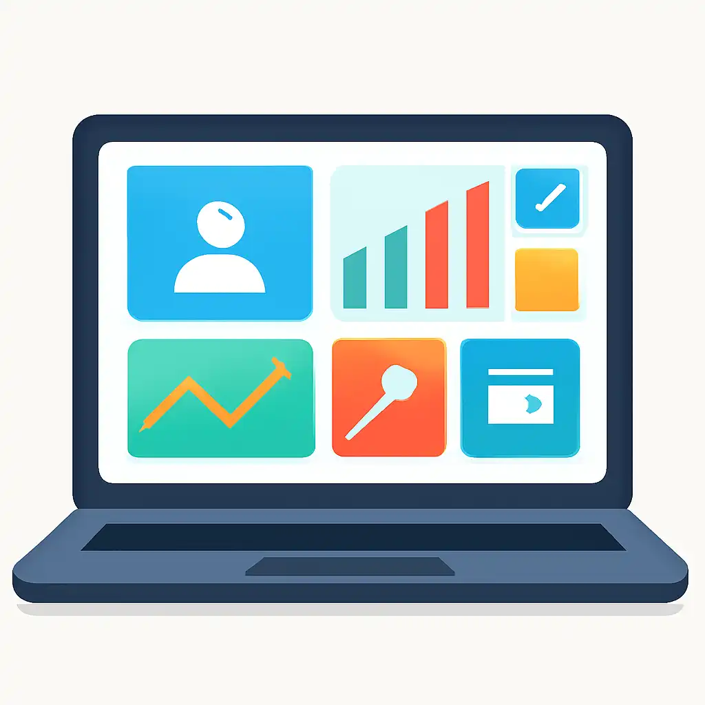 Laptop shown from the front displaying a colourful flat dashboard of abstract charts, bars and icon tiles, Registration