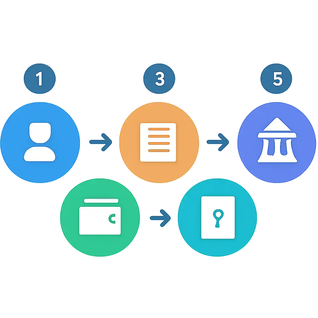 Five numbered circular icons connected by arrows in a horizontal flow, Registration, KYC and First Deposit via UPI steps