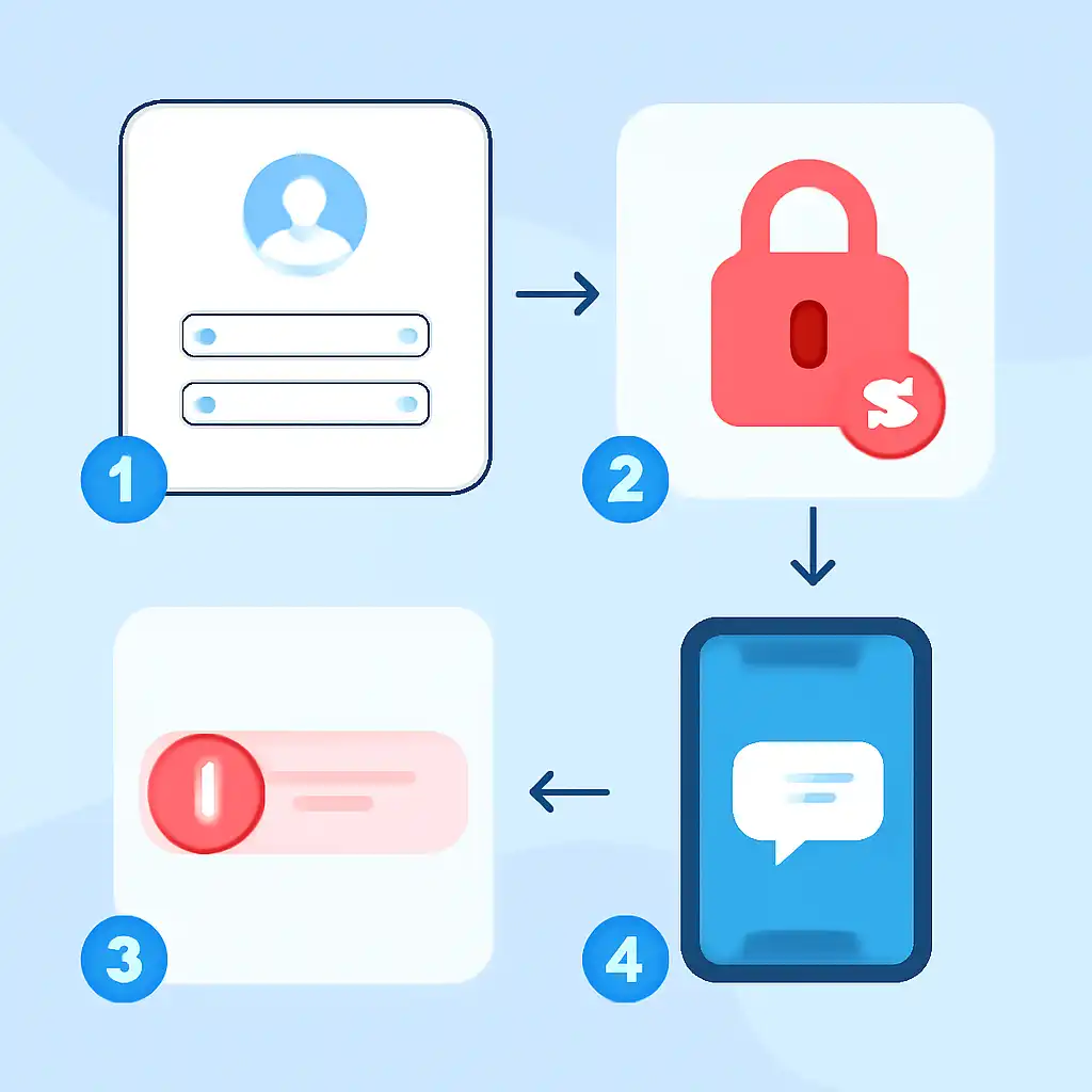 Annotated step diagram: account locked process with numbered callouts, Indibet