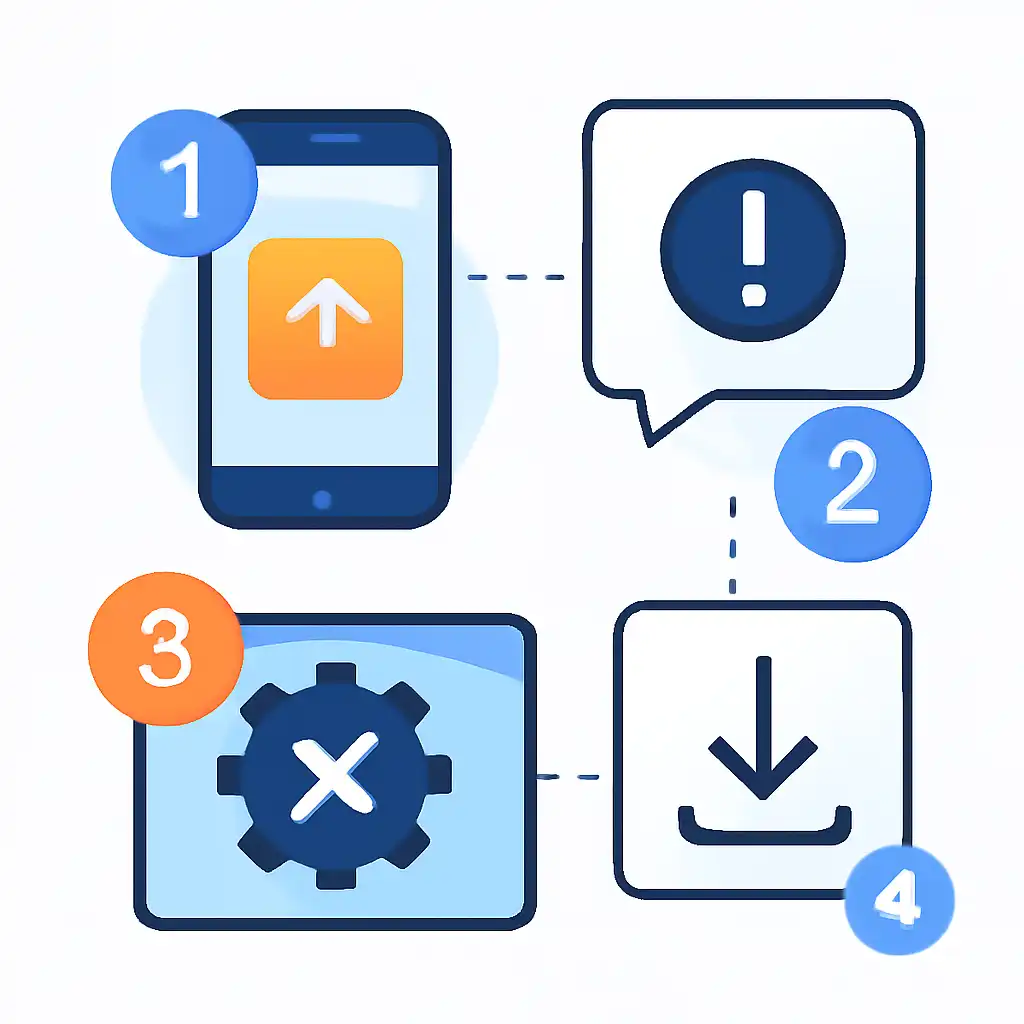 Annotated step diagram: app update problems process with numbered callouts, Indibet