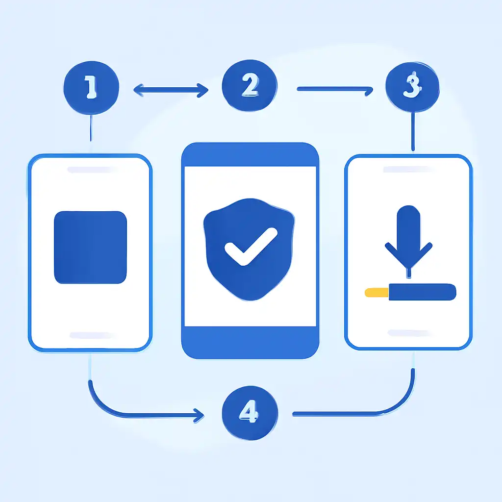 Annotated step diagram: android apk install process with numbered callouts, Indibet